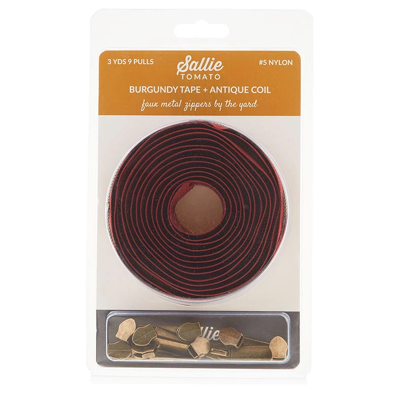 Sallie Tomato #5 Nylon Zipper Tape & Pulls - Burgundy With Antique Coil - Image 2