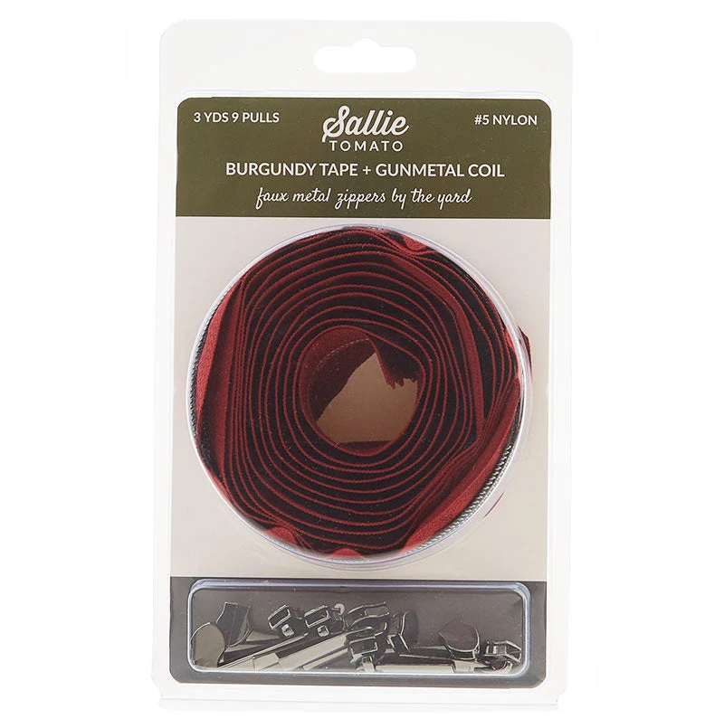 Sallie Tomato #5 Nylon Zipper Tape & Pulls - Burgundy With Gunmetal Coil - Image 2